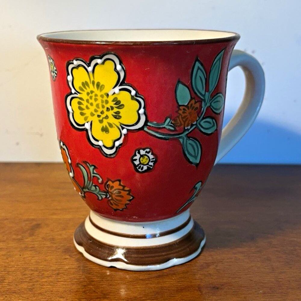 ROYAL Floral Ceramic Red and Yellow Pedestal Coffee Cup 4.5”